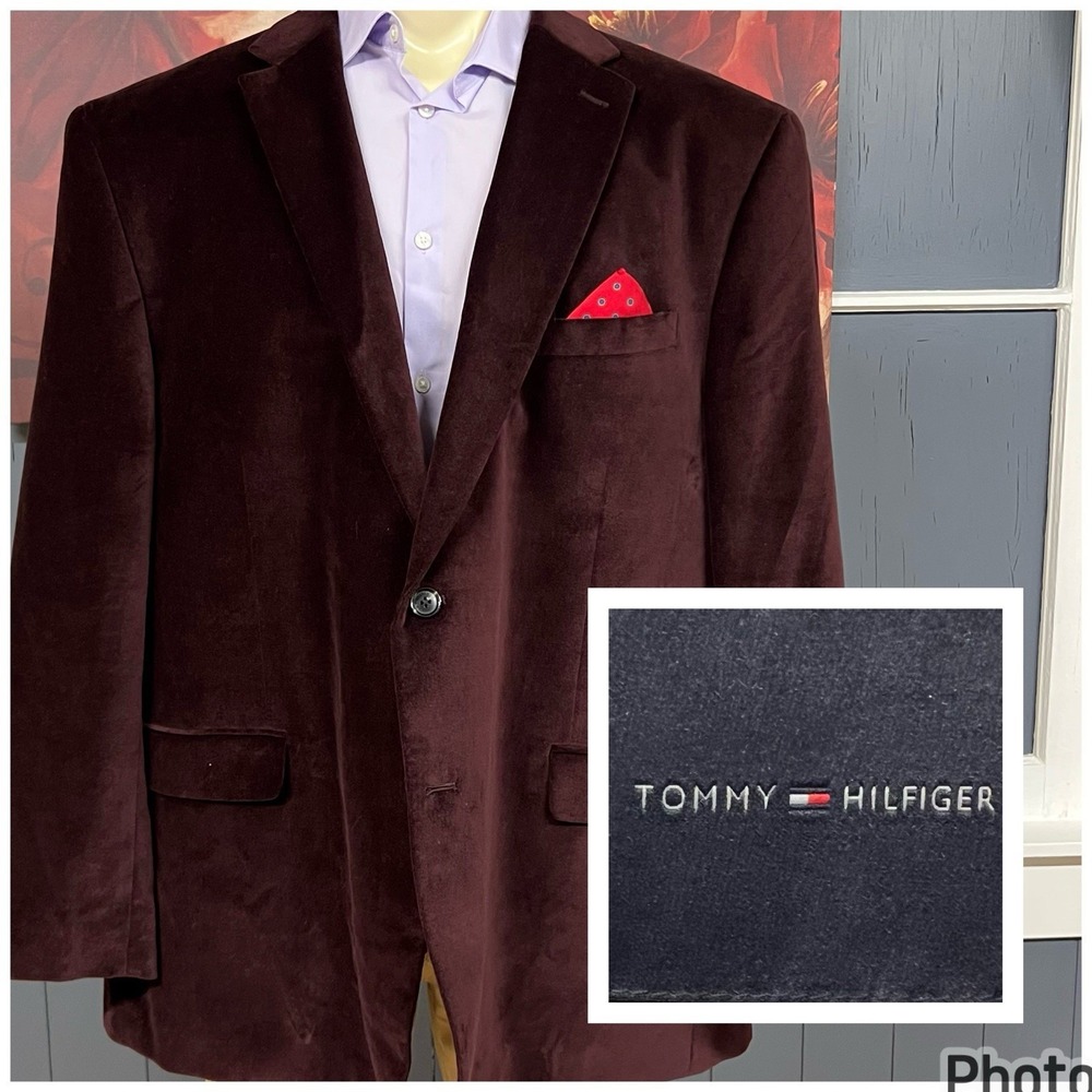 Tommy Hilfiger Velvet Blazer Jacket Sport Coat Mens 52R Cotton Burgundy